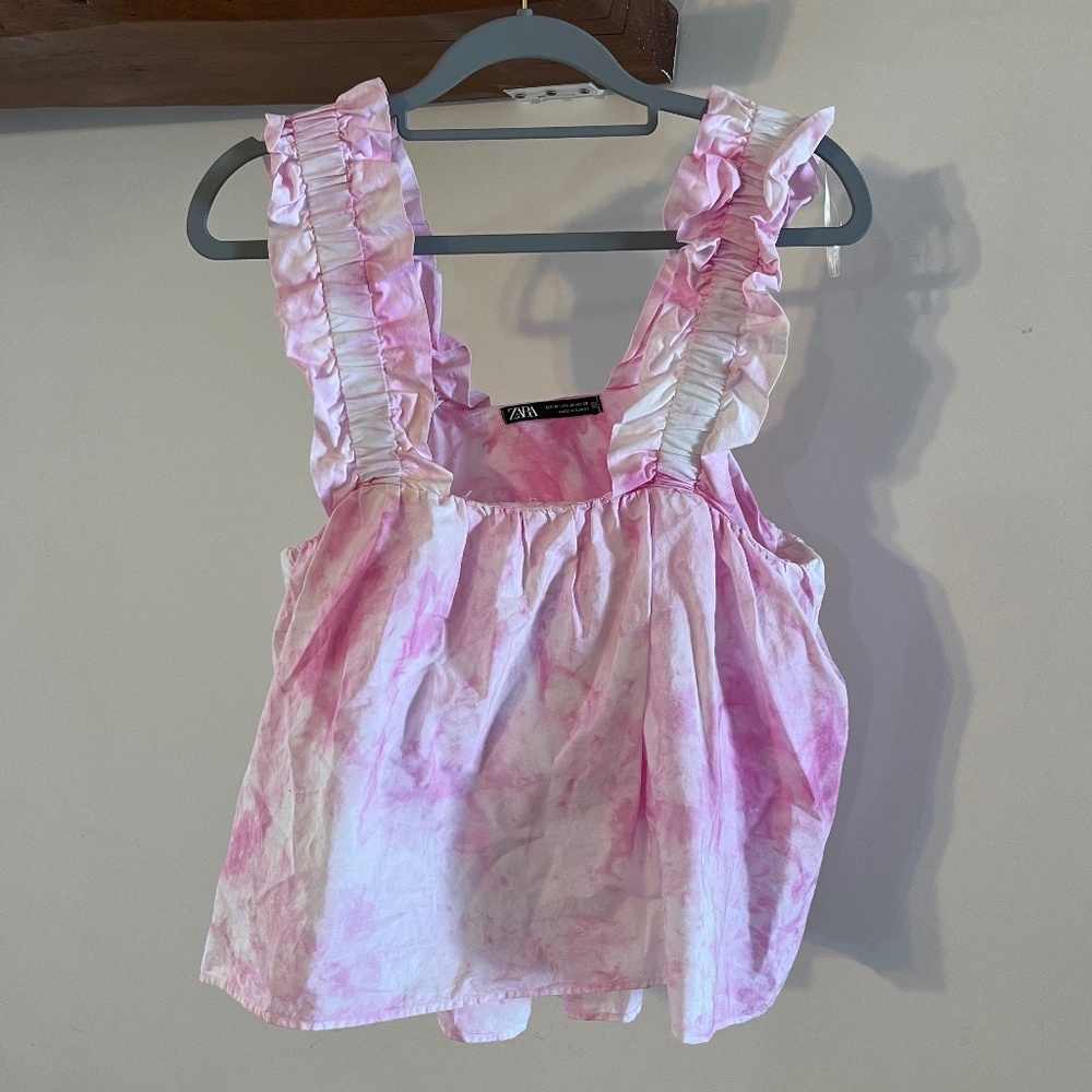 Zara Pink Tie Die Poplin Ruffle Sleeve Babydoll Tank Top
